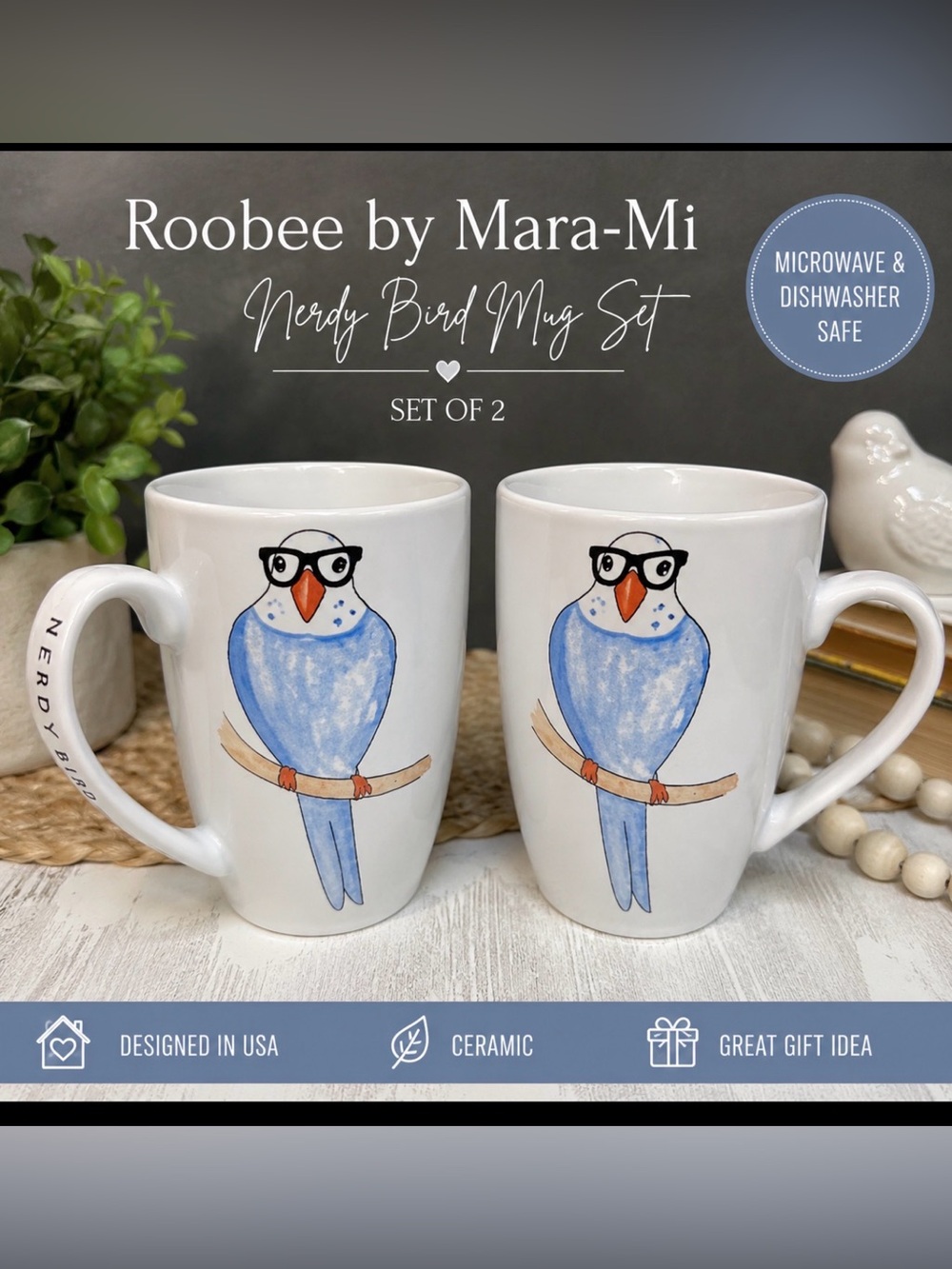 Roobee Mara-Mi “Nerdy Bird” Glasses Blue Bird Mug Set 2 Ceramic Coffee Cups